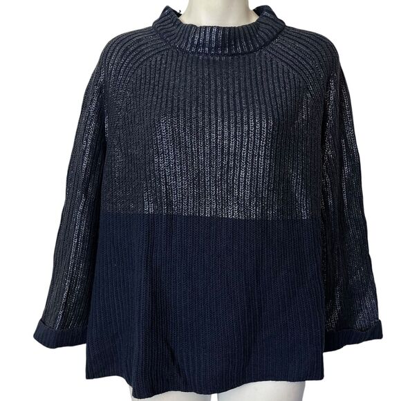 Chicos Womens Cotton Blend Navy Metallic Long Sleeve Chunky Knit Sweater 2 L - Picture 1 of 16